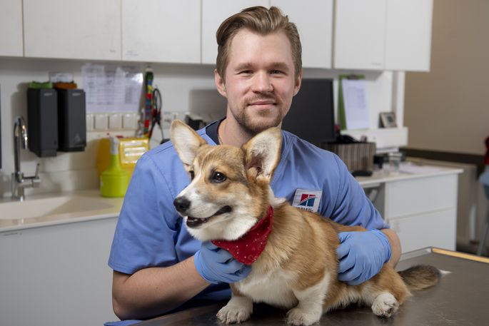 Floki smaidīgā veterinārārsta Gusta rokās jūtas droši