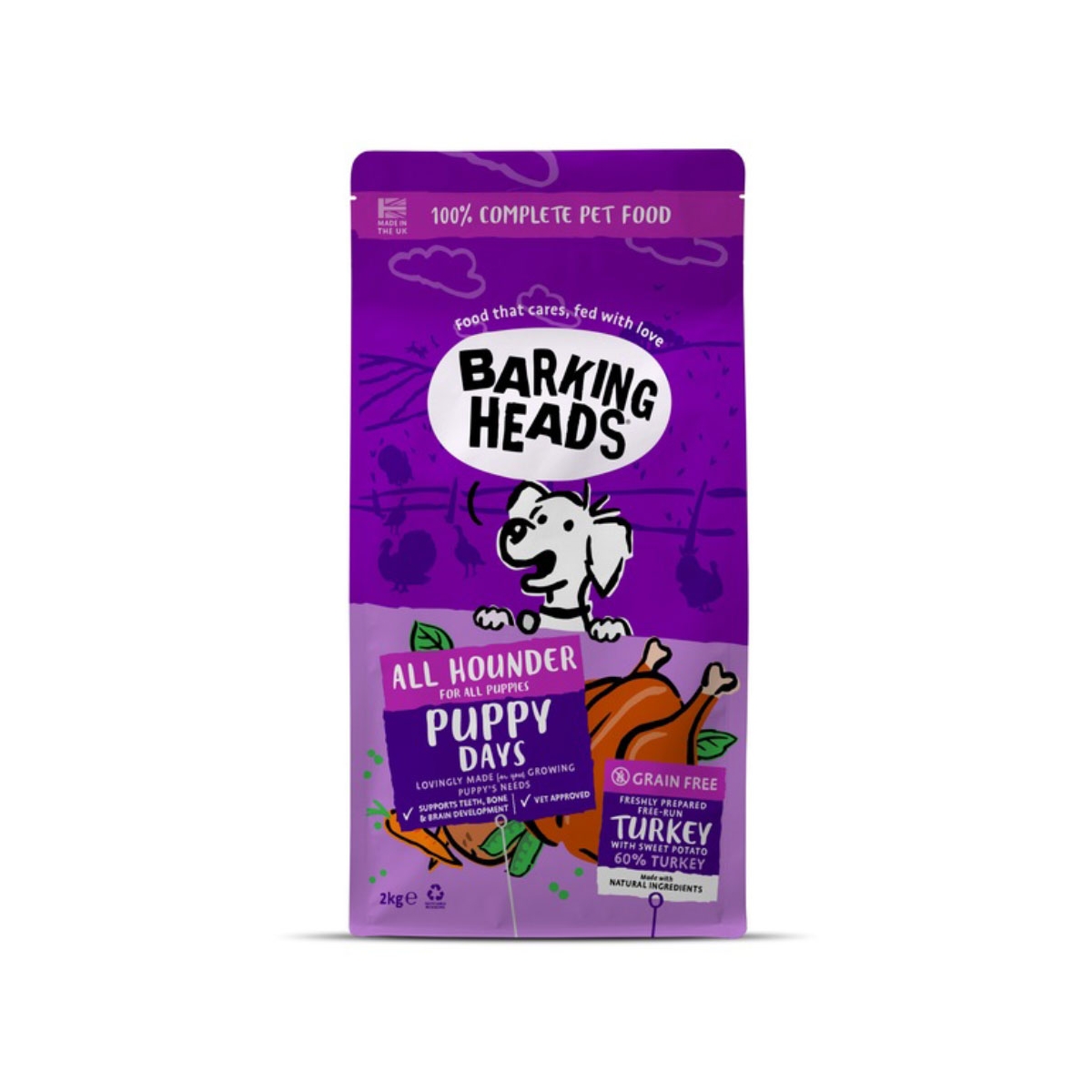 BARKING HEADS All Hounder Puppy sausā barība kucēniem, tītars, 2kg - Produkta attēls