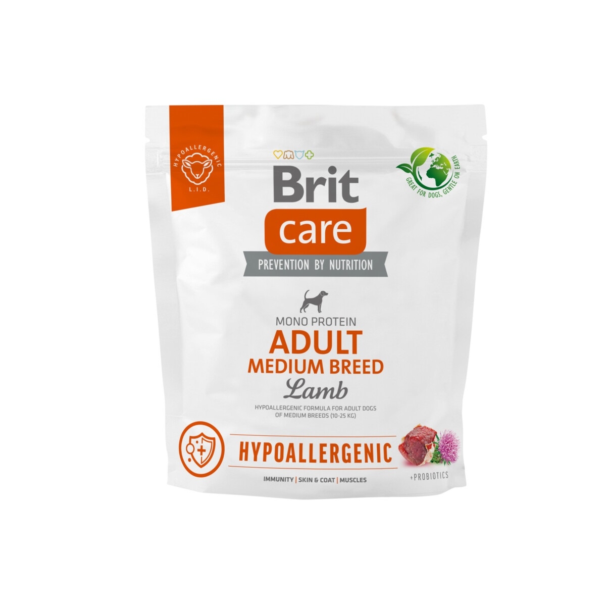 BRIT CARE Hypoallergenic Medium sausā barība suņiem jērs/rīsi, 1kg - Produkta attēls