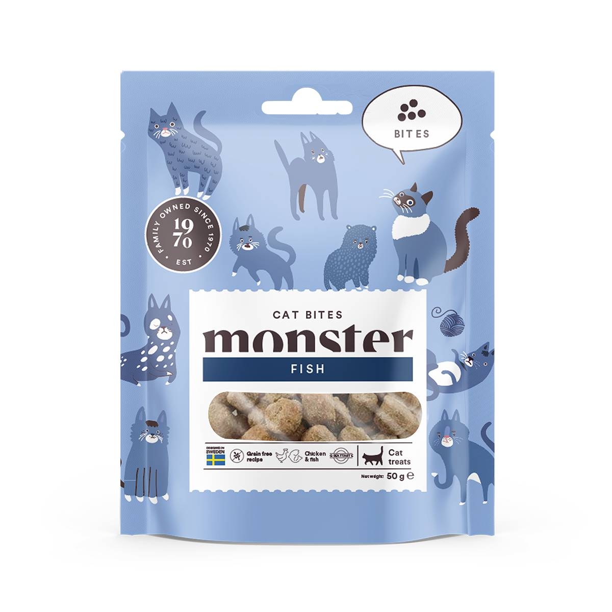 MONSTER Bites kārumi kaķiem, vista/zivs, 50g - Produkta attēls