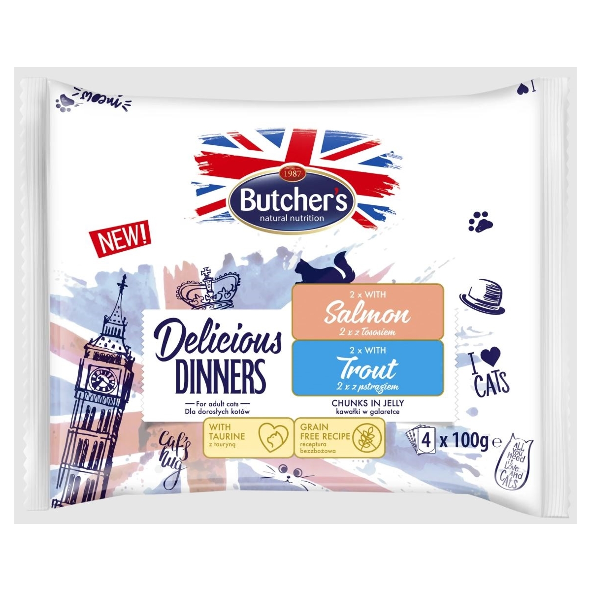BUTCHERS Delicious Dinner mitrās barības izlase kaķiem 4x100g - Produkta attēls
