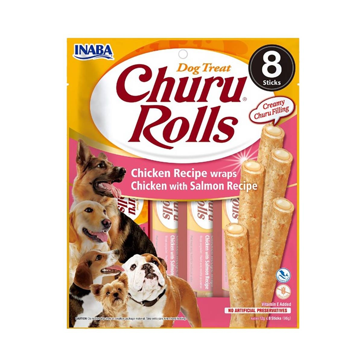 CHURU Rolls gardumi suņiem, vista/tuncis/lasis, 8 x 12 g - Produkta attēls