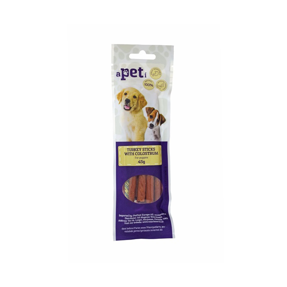 APETI tītara gaļas nūjiņas ar jaunpienu kucēniem 45g - Produkta attēls