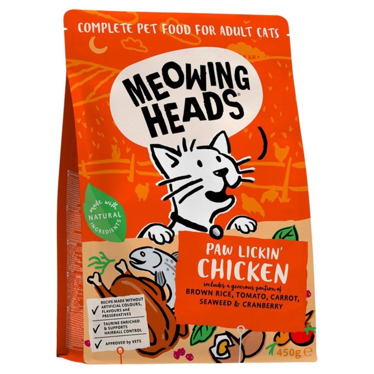 MEOWING HEADS Paw Lickin' Chicken sausā barība kaķiem,vista, 450g - Produkta attēls