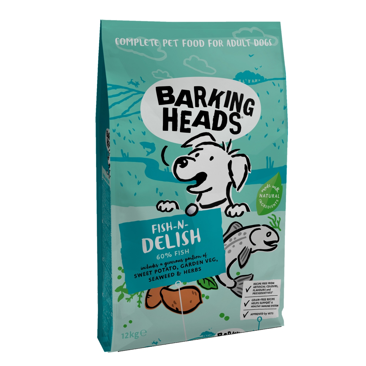 Barking Heads sausā barība ar zivīm suņiem, 12 kg