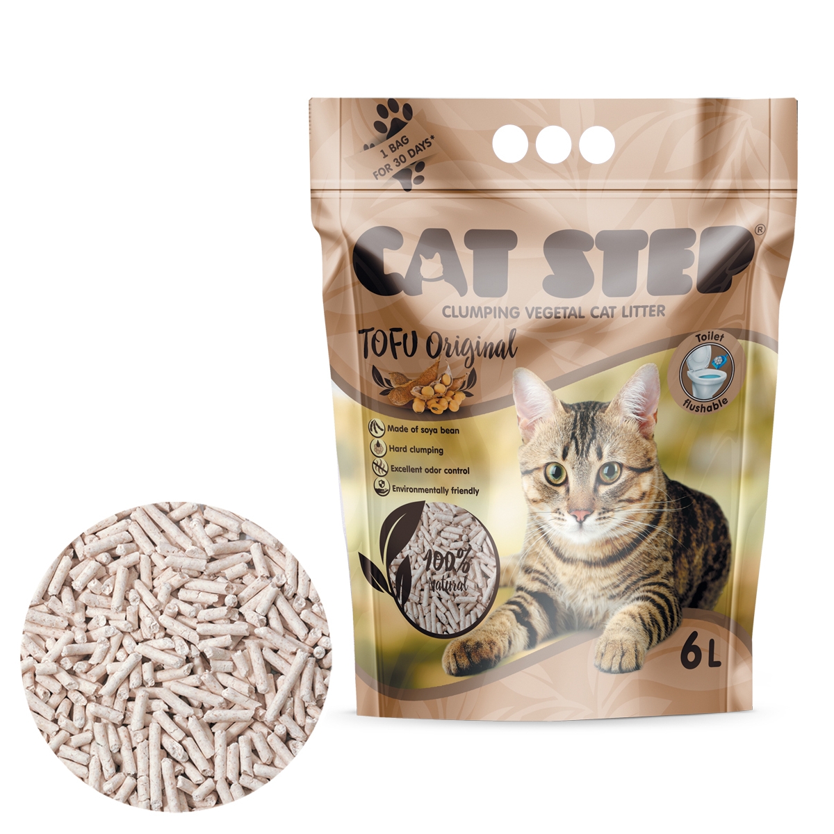 CAT STEP Tofu pakaiši kaķu tualetei, bez smaržas, 2,7kg/6l - Produkta attēls