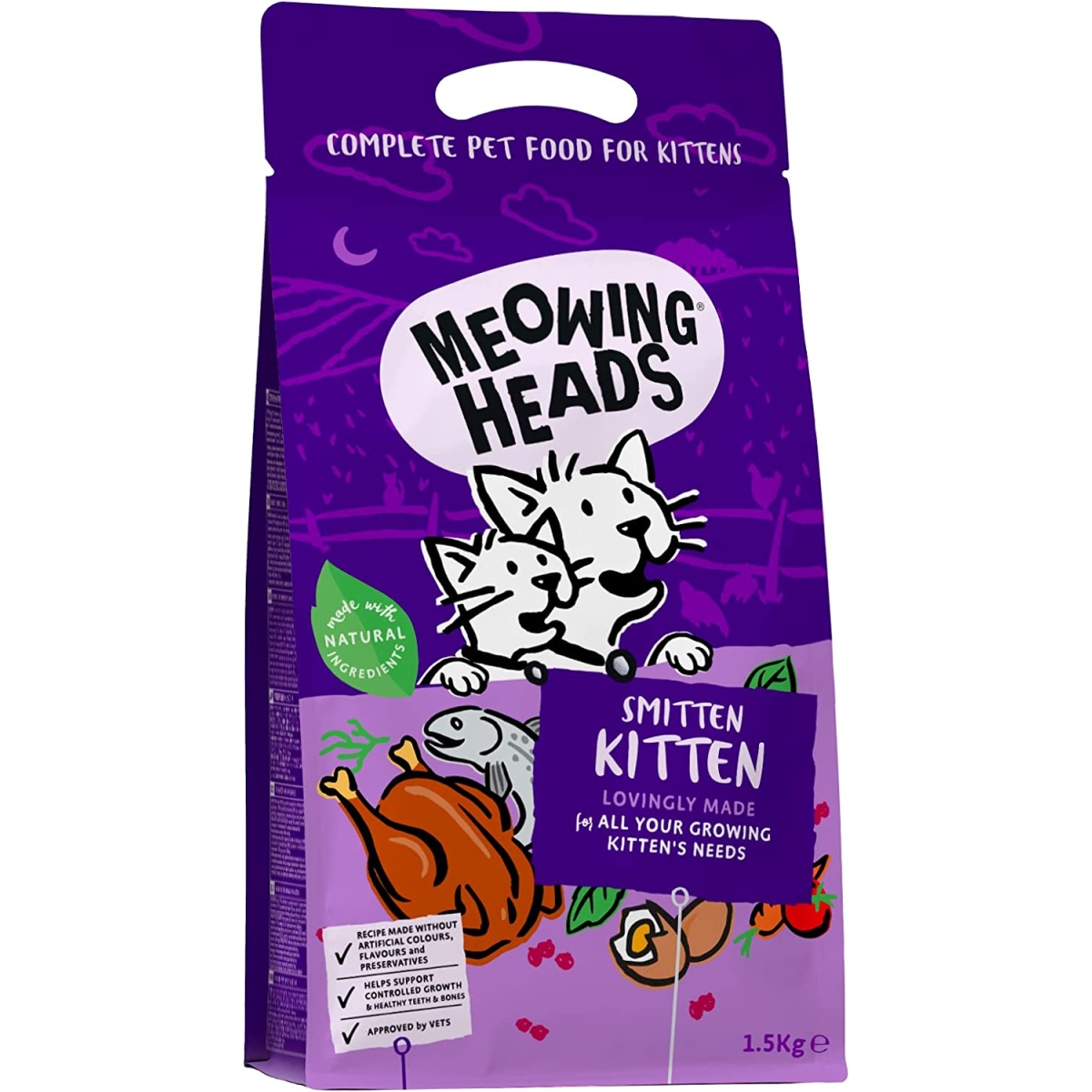 MEOWING HEADS Smitten Kitten sausā barība kaķēniem, 1,5 kg - Produkta attēls