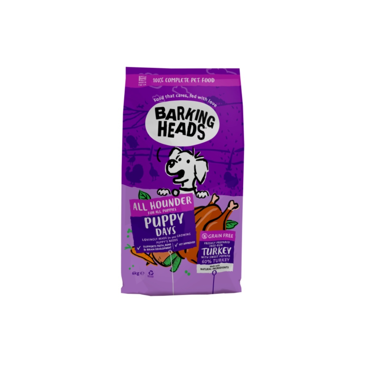 BARKING HEADS All Hounder Puppy sausā barība kucēniem, tītars, 6 kg - Produkta attēls