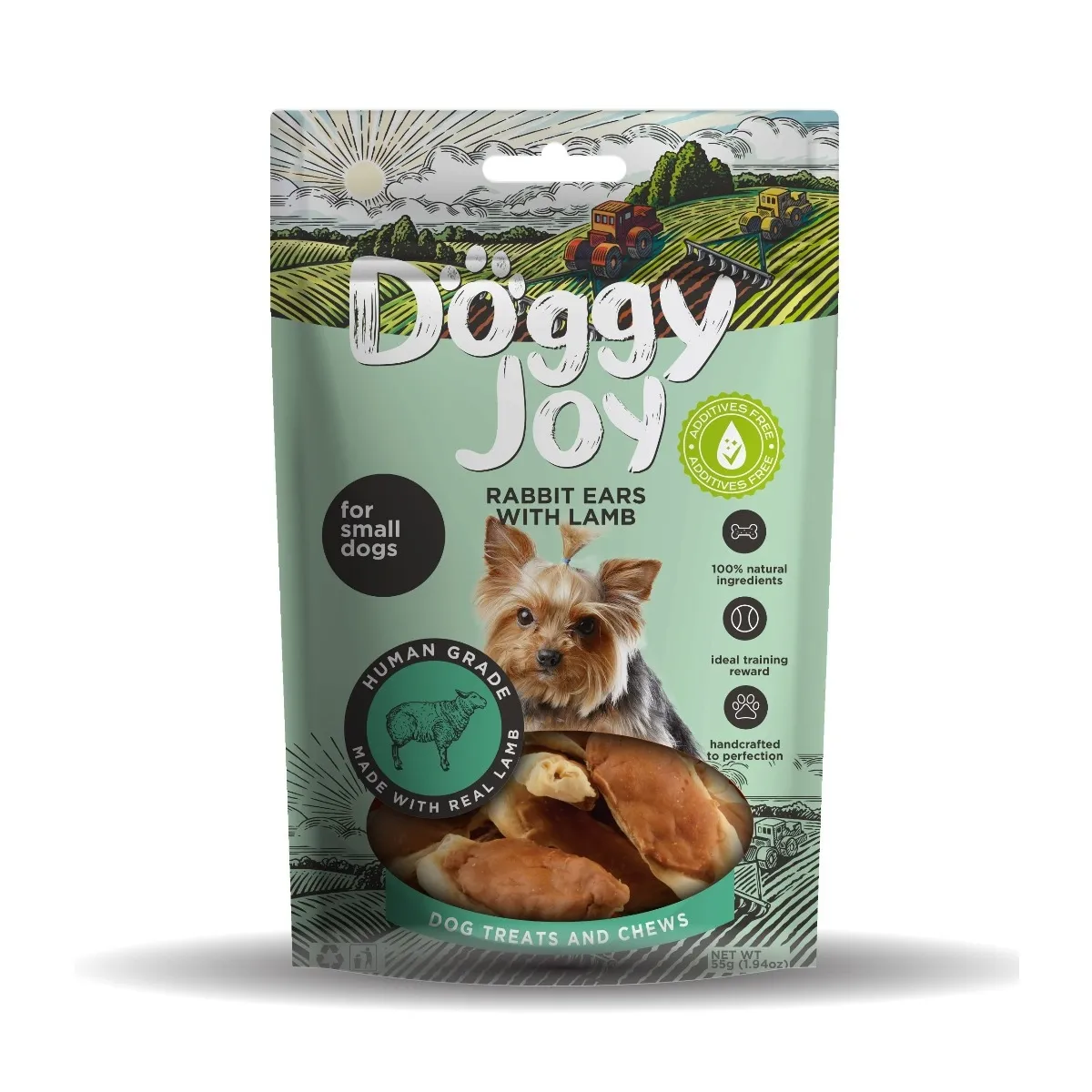 Doggy Joy trušu ausis ar jēru mazo šķirņu suņiem, 55g - Produkta attēls