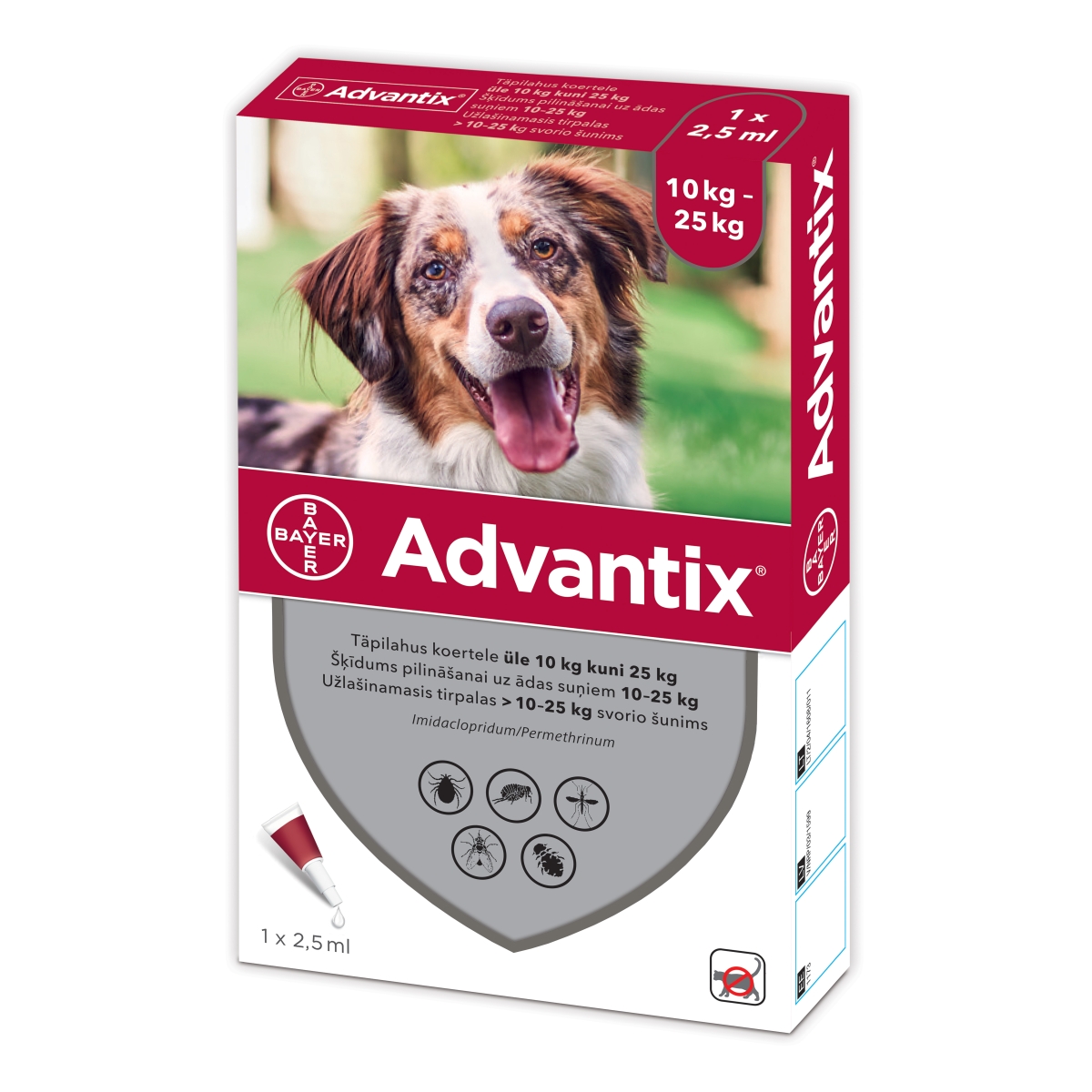 Advantix šķīdums pret blusām, ērcēm un odiem suņiem 10-25kg 1gb - Produkta attēls