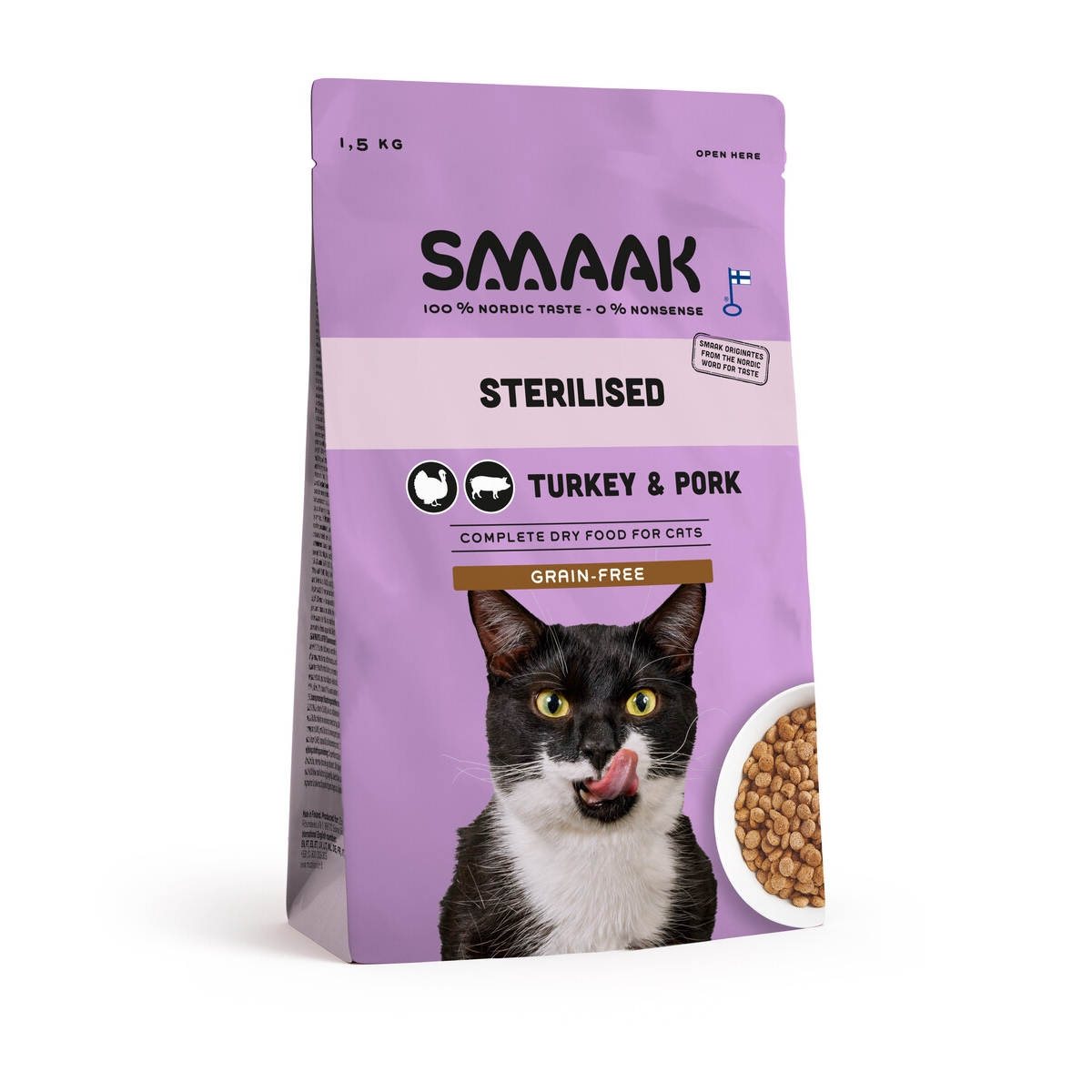 SMAAK Sterilised sausā barība kaķiem, tītars/cūkgaļa, 1.5 kg - Produkta attēls
