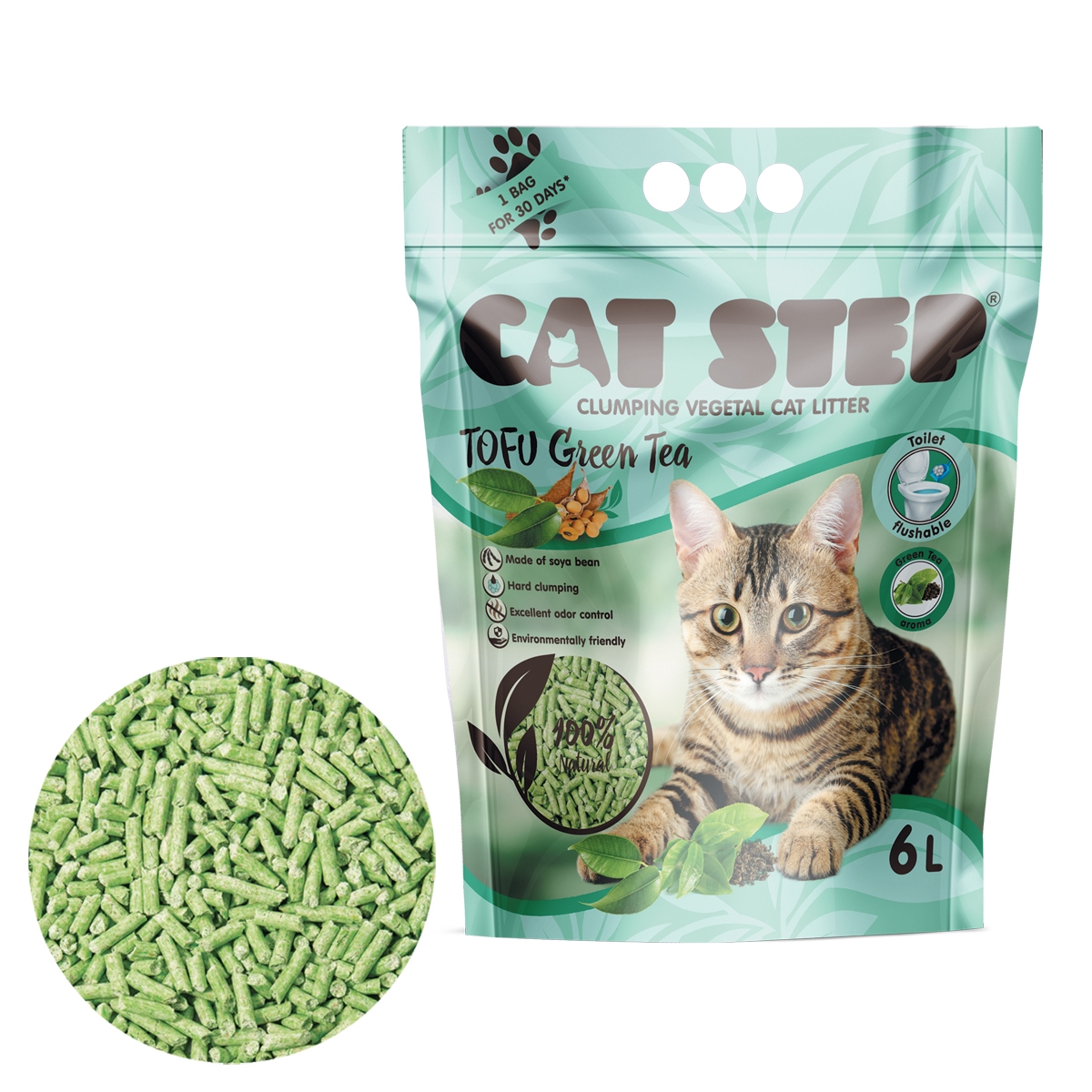CAT STEP Tofu pakaiši kaķu tualetei ar zaļās tējas aromātu, 2,7kg/6l