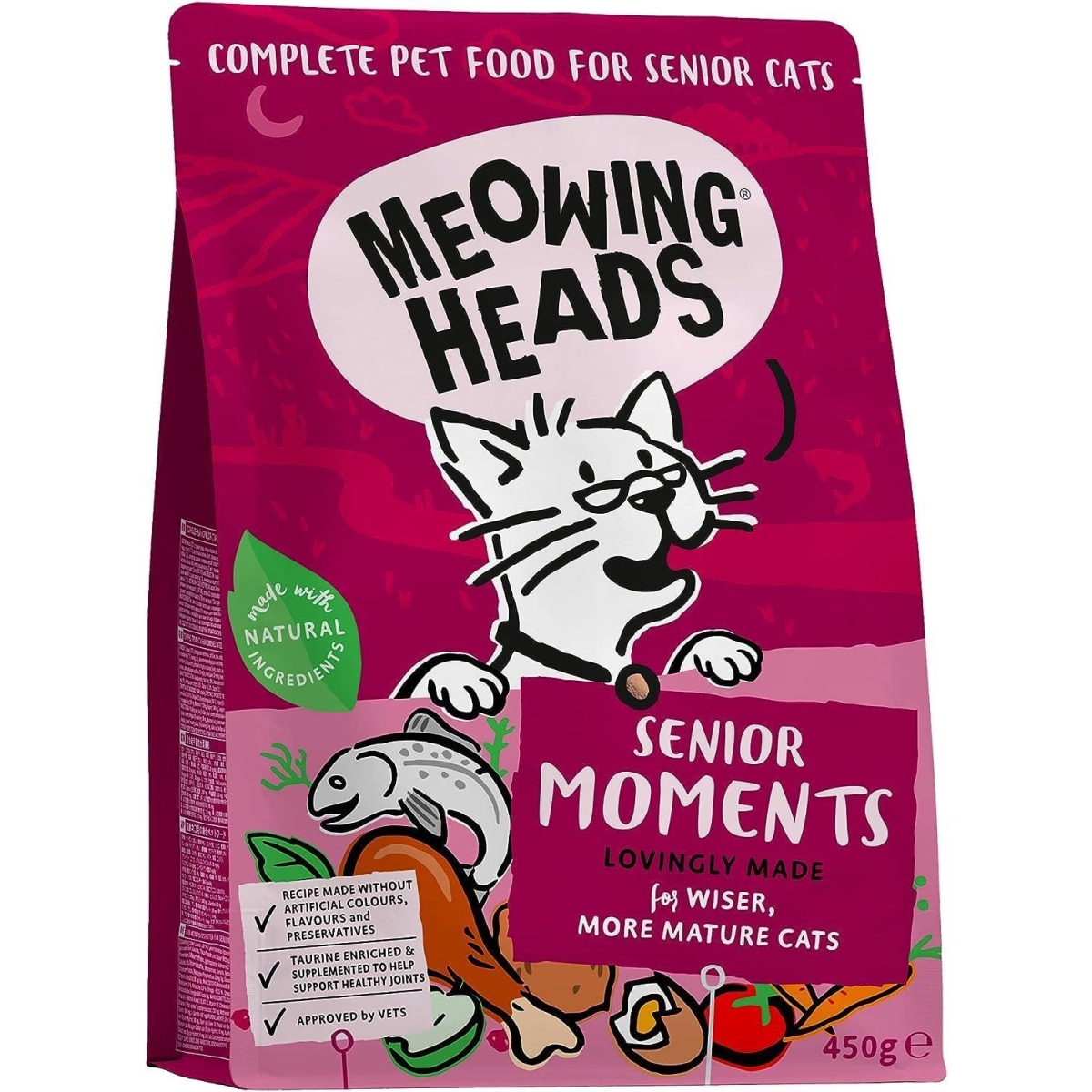 MEOWING HEADS Senior Moments sausā barība kaķiem, 450g - Produkta attēls