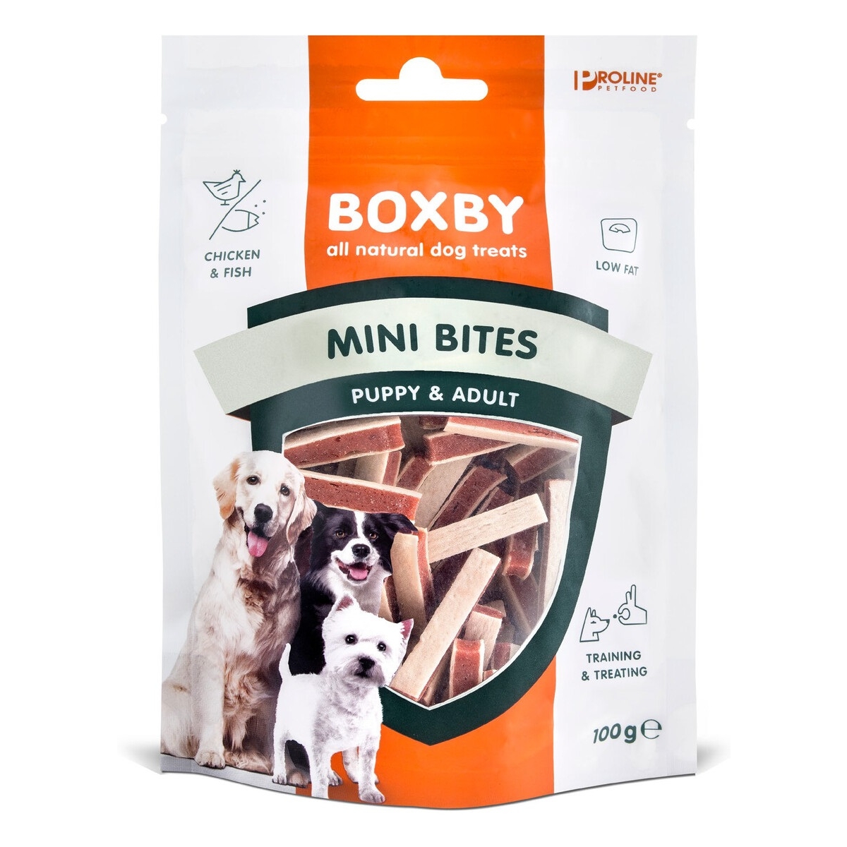 BOXBY Mini Bites gardumi suņiem/kucēniem, vista/zivs, 100g - Produkta attēls
