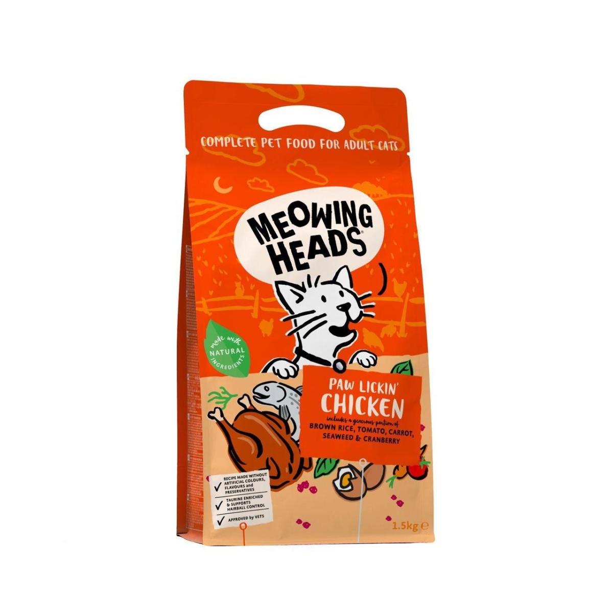 MEOWING HEADS Paw Lickin' Chicken sausā barība kaķiem,vista, 1,5 kg - Produkta attēls