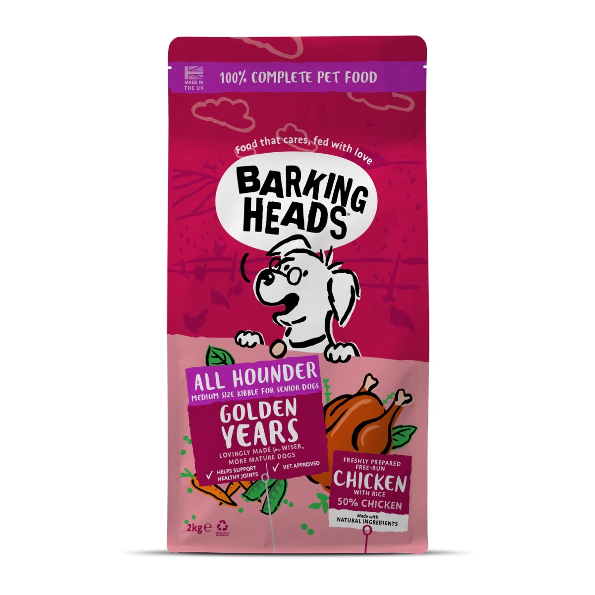 BARKING HEADS All Hounder Golden Years sausā barība suņiem, vista, 2kg - Produkta attēls