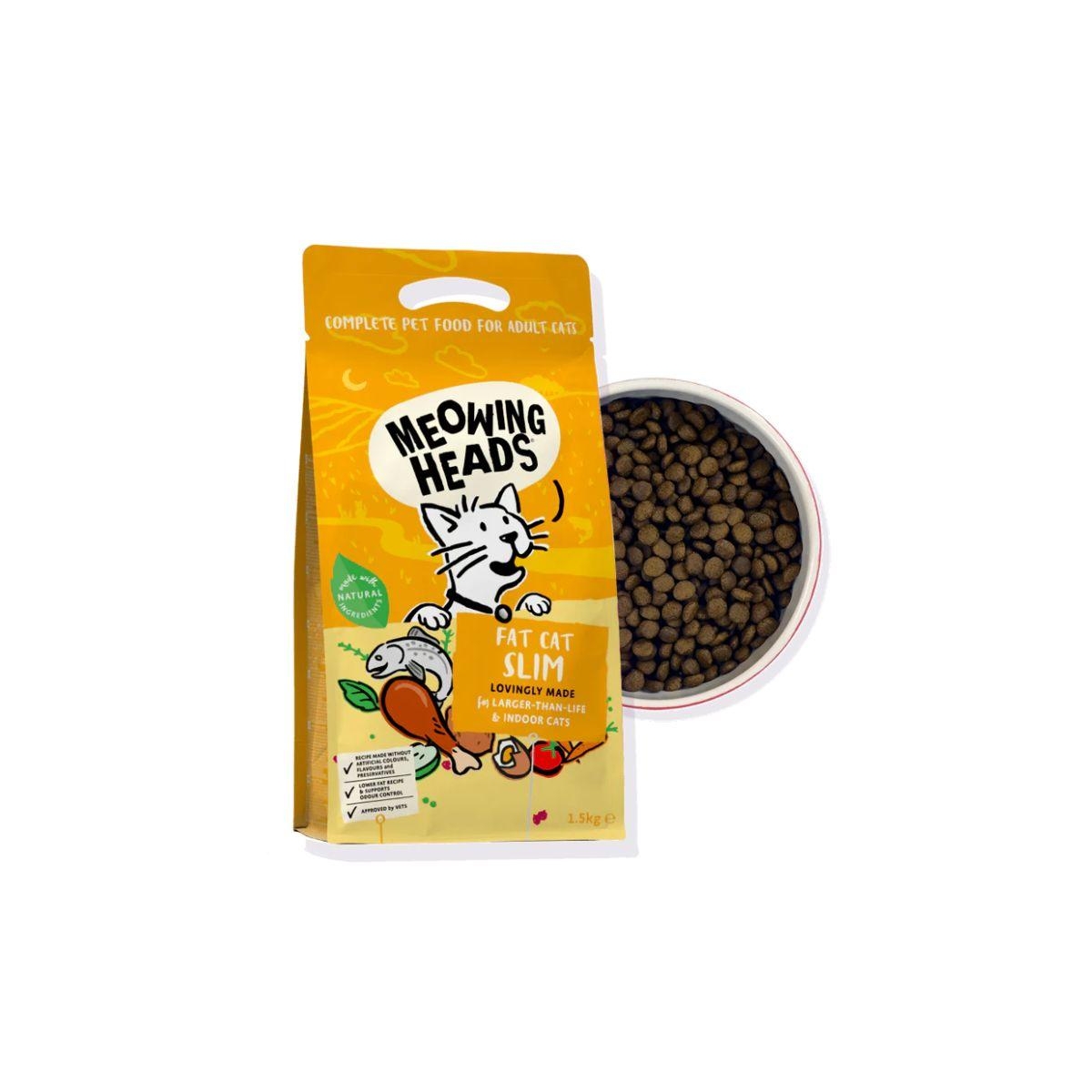 MEOWING HEADS Fat Cat Slim sausā barība kaķiem, vista/lasis, 1,5kg - Produkta attēls