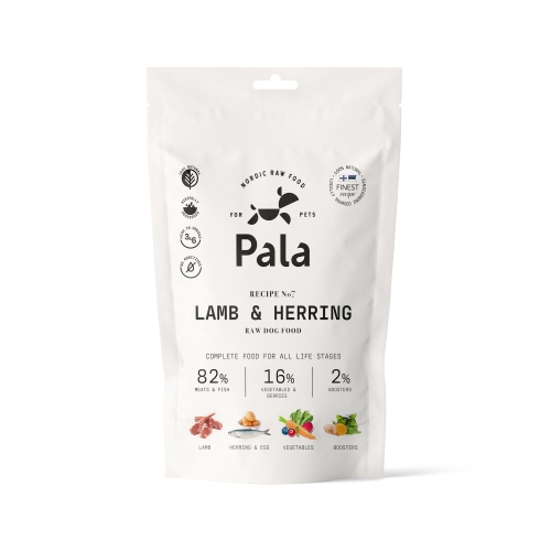 PALA neapstrādāta suņu barība jēra gaļa / siļķe 100 g.