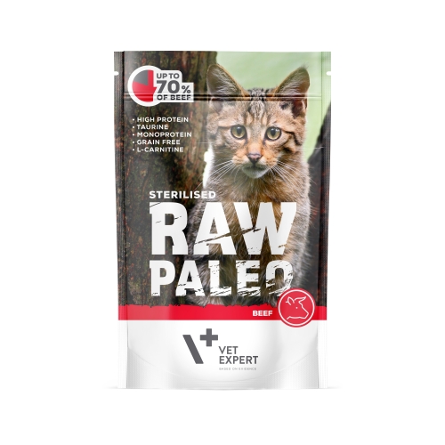 RAW PALEO mitrā barība sterilizētiem kaķiem ar liellopu, 100g