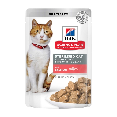 Hills mitrā barība sterilizētiem kaķiem ar lasi, 85g