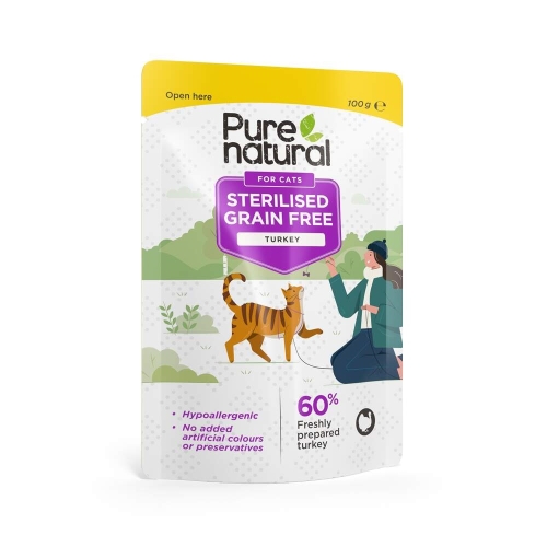 PURENATURAL mitrā barība steriliz.kaķiem, tītars, 100g