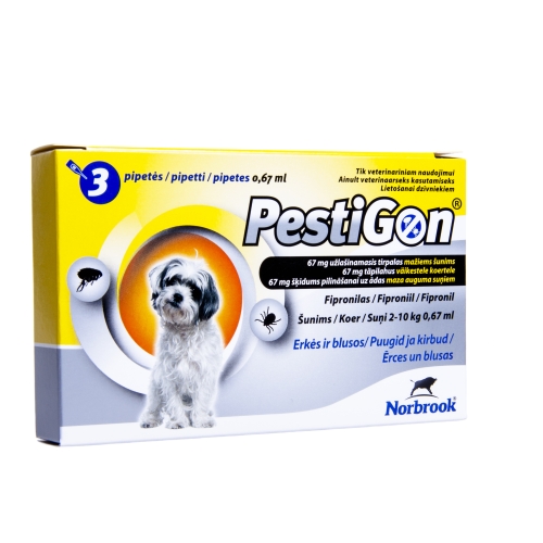Pestigon šķīdums pret blusām un ērcēm suņiem 2-10kg 3gab