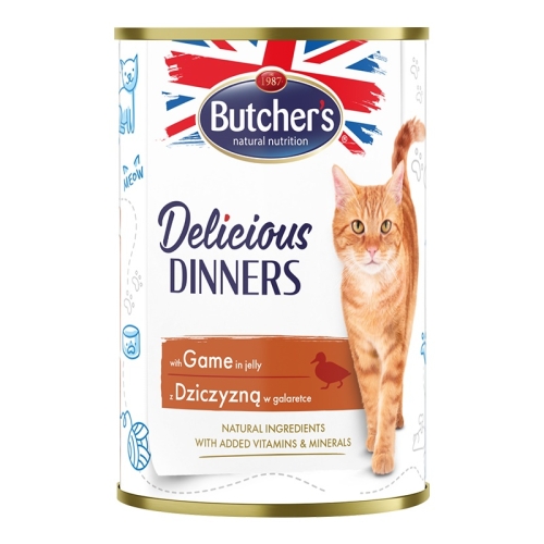 Butcher's Delicious Dinners mitrā barība kaķiem ar medījuma gabaliņiem želejā 400g