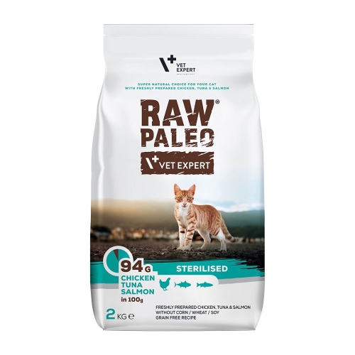 RAW PALEO STERILISED sausā barība kaķiem vista/tuncis/lasis 2kg