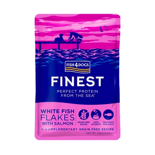 FISH4DOGS Finest mitrā barība baltās zivs gabaliņi/lasis 100 g