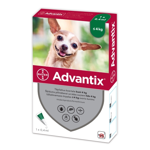 Advantix šķīdums pret blusām, ērcēm un odiem suņiem līdz 4kg, 1gb