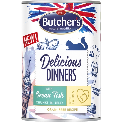 Butcher's Delicious Dinners mitrā barība kaķiem ar jūras zivju gabaliņiem želejā 400g