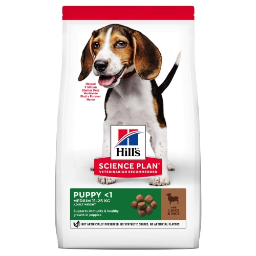 Hills sausā barība vidējas šķirnes kucēniem ar jēru un rīsiem, 14kg
