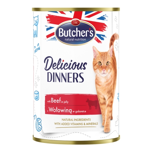 Butcher's Delicious Dinners mitrā barība kaķiem ar liellopa gaļas gabaliņiem želejā 400g