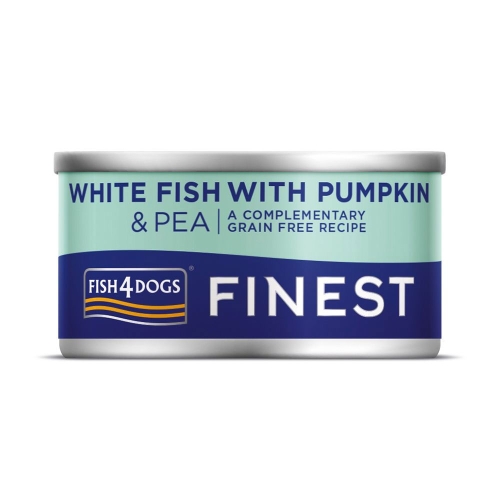 FISH4DOGS mitrā barība suņiem, baltā zivs/ķirbis/zirņi,85g