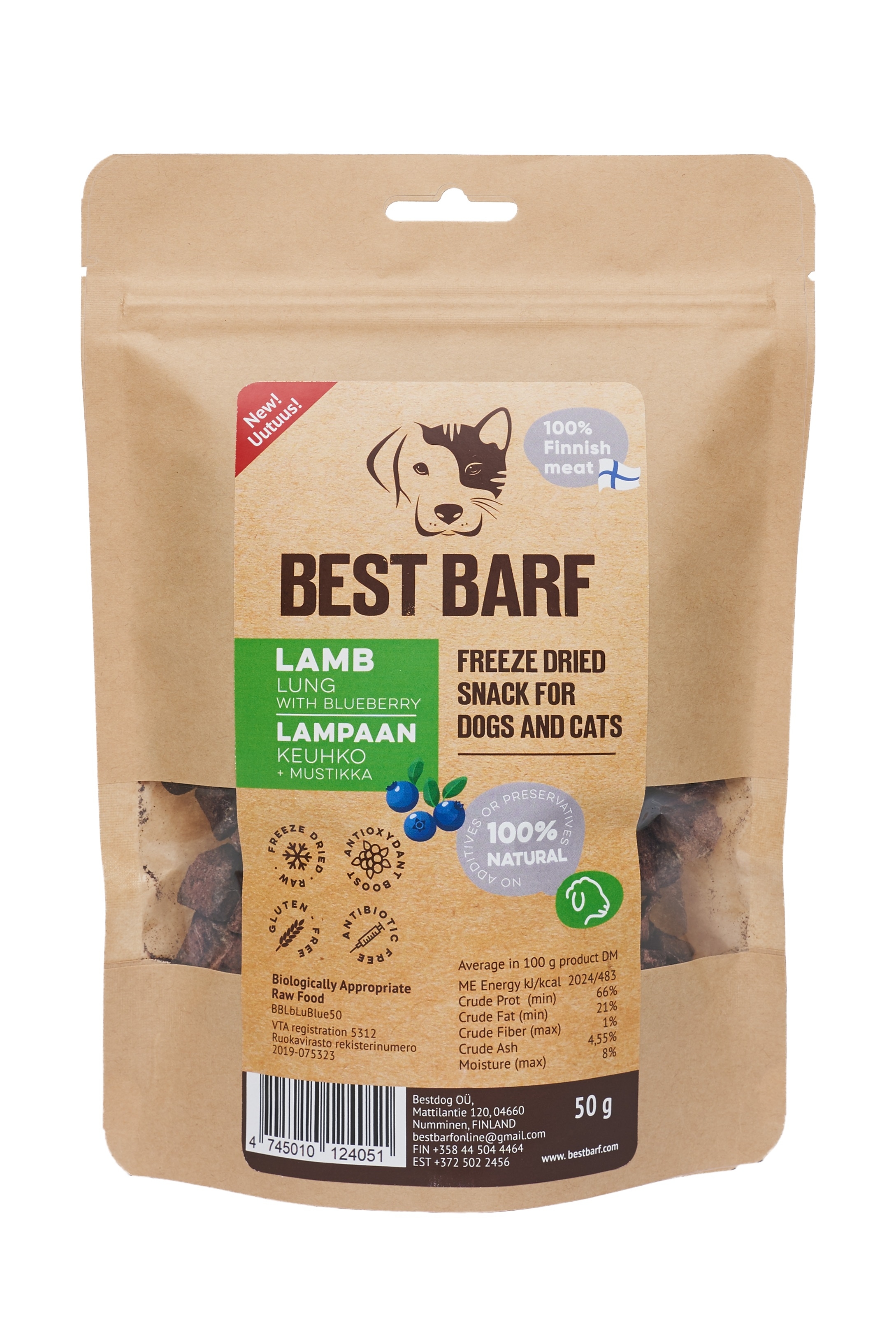 BEST BARF liofilizētas jēra plaušas ar mellenēm, 50g - Produkta attēls 2