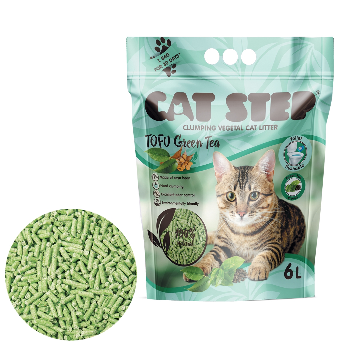 CAT STEP Tofu pakaiši kaķu tualetei ar zaļās tējas aromātu, 2,7kg/6l - Produkta attēls 2